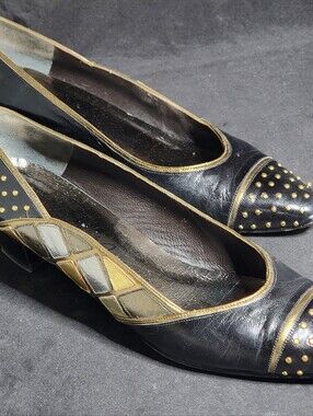Margaret Jerrold Women's Black Leather Pumps Gold Studded Cap Toe Size 7 N